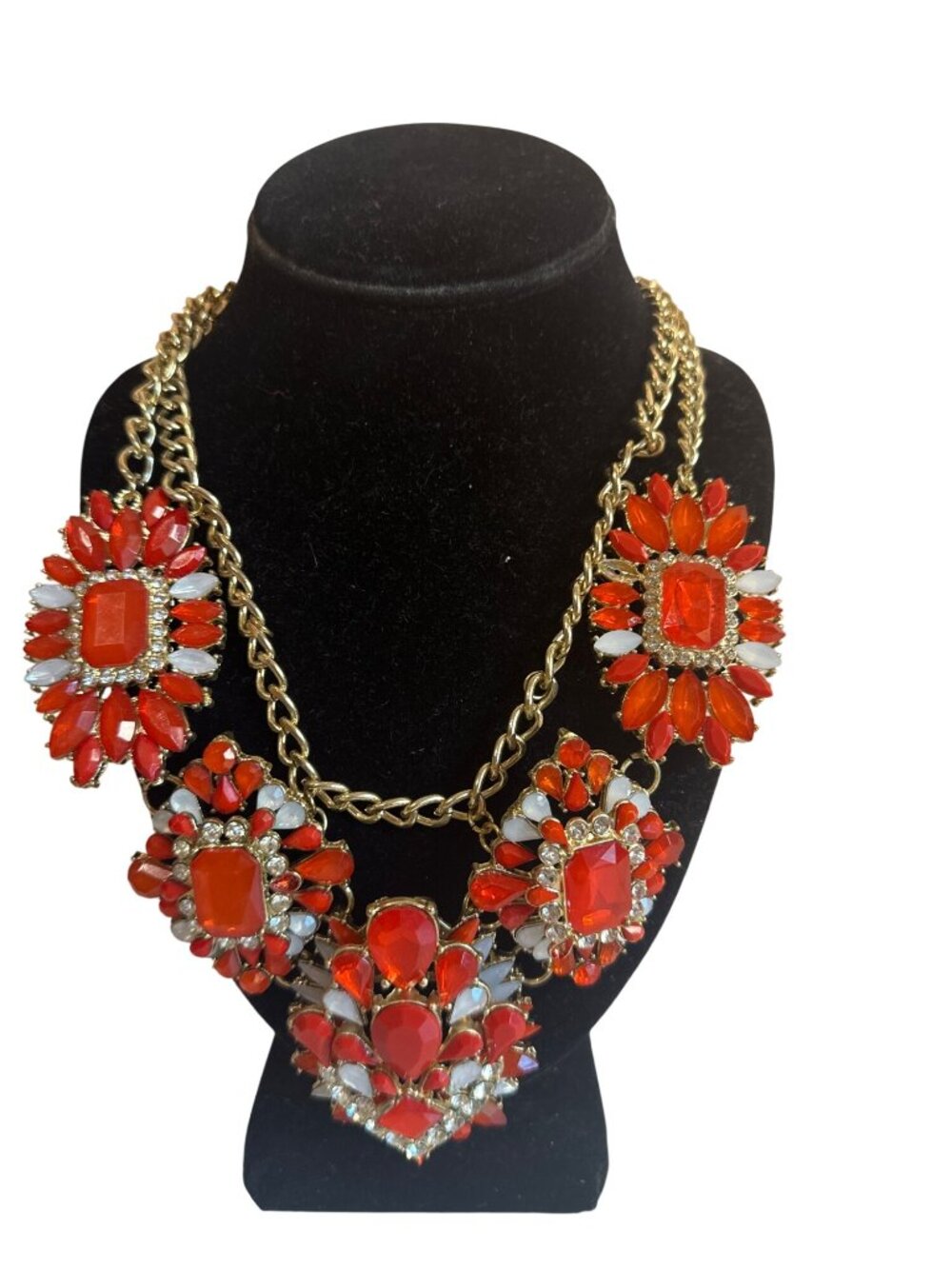Statement Bib Necklace Red Clear Rhinestones Gold-Tone Chain Floral Motif Bold